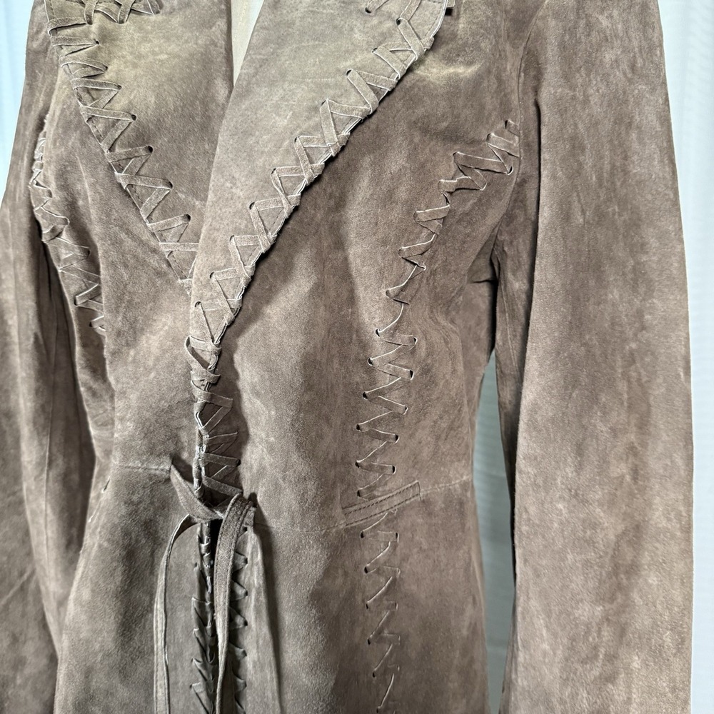 VTG Suede Whipstitched Jacket Tie Front Lace Up Boho Western Brown Coat Size M - Picture 2 of 10